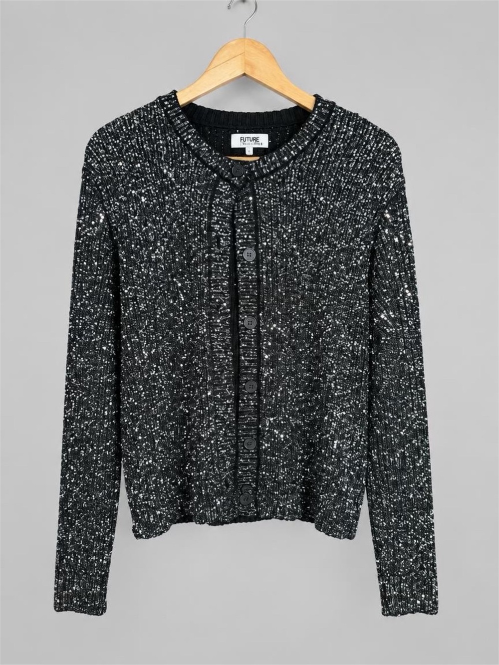 Black Sequined Button-Front Knit Cardigan - XL